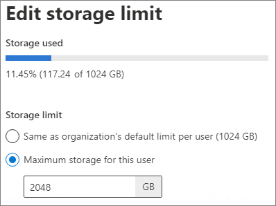 Screenshot of the OneDrive storage settings in the Microsoft 365 admin center