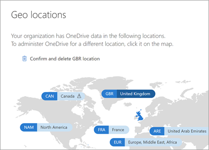 Geo locations page in the OneDrive admin center