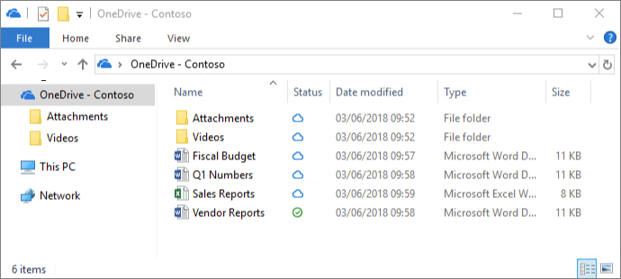 Screenshot of Windows Explorer showing some OneDrive on disk and some in the cloud