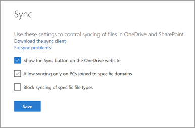 Sync page in the OneDrive admin center