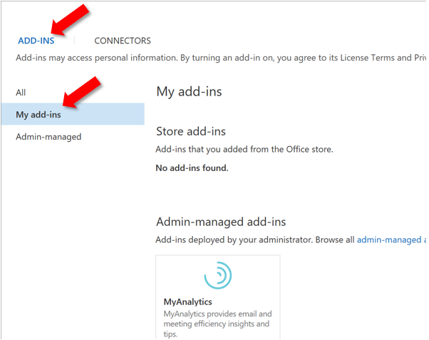 Outlook 2016 store dialog with My add-ins selected