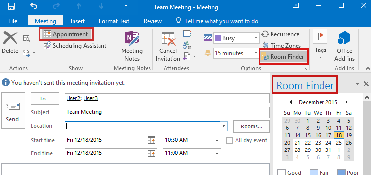 Screenshot that shows the Room Finder feature in the Appointment view in Outlook 2016.