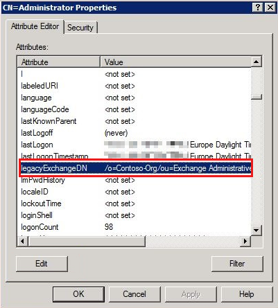 Screenshot of the administrator properties window with the legacyExchangeDN attribute selected.