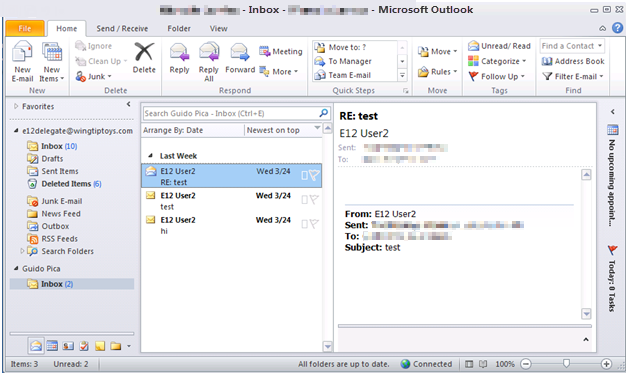 Screenshot of an example of a shared mailbox that's being cached.