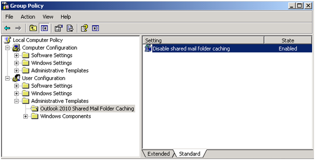 Screenshot of the Group Policy window which shows the Outlook 2010 Shared Mail Folder Caching node.