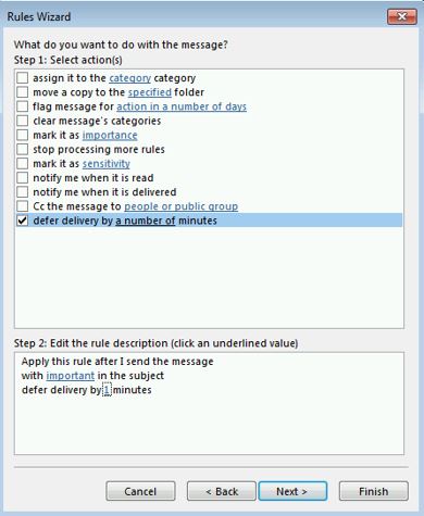 Screenshot of the Rules Wizard dialog box. Defer delivery by a number of minutes option is enabled.