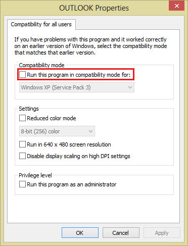 Screenshot of the Compatibility for all users settings in Outlook 2013.