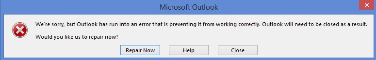 Screenshot of Outlook has run into an error details.