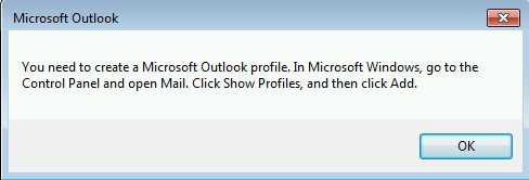 Screenshot of You need to create a Microsoft Outlook profile error details.