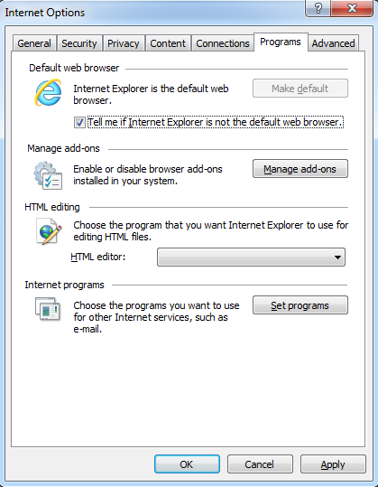 Screenshot of the Programs tab on Internet Options.