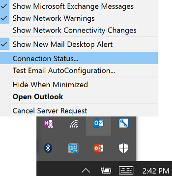 Screenshot of the Connection Status option on the right-click menu of the Outlook icon in the task bar.