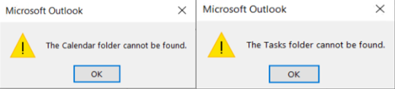 Screenshot of two error messages. When using an IMAP or POP account added as a secondary account to the Outlook profile and trying to use Quick Steps, you receive one of the errors.