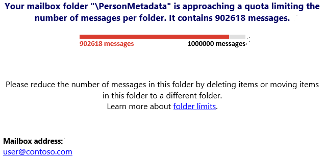 Screenshot of the folder item limit notification.
