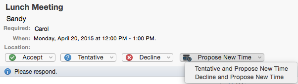 Screenshot of a meeting request, showing the Tentative, Decline, and Propose New Time options.