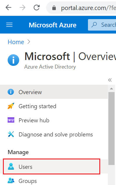 Shows Azure Active Directory menu with highlighted, Users option.