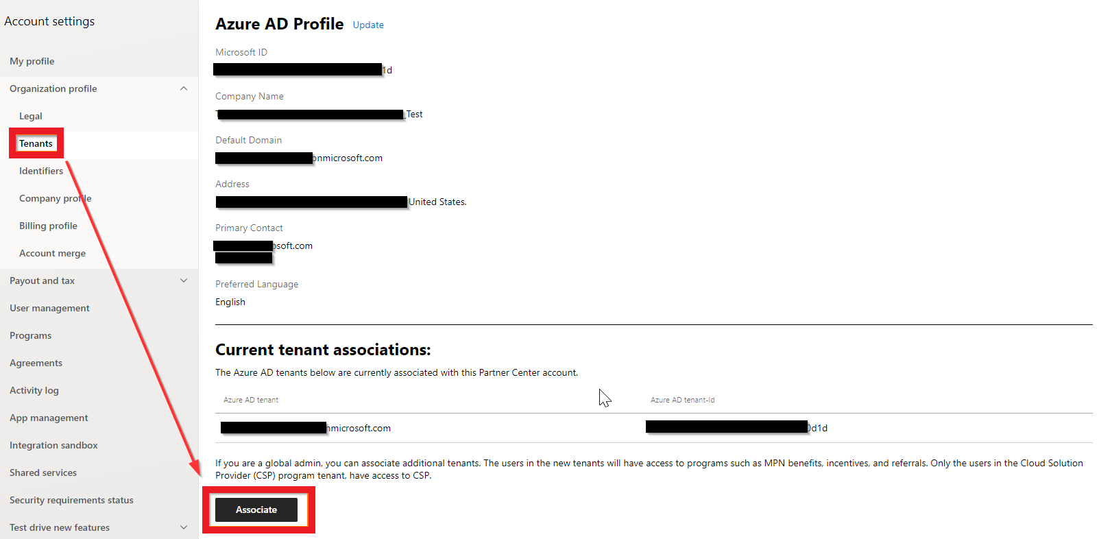Screenshot of the Associate button on the Azure AD Profile pane.