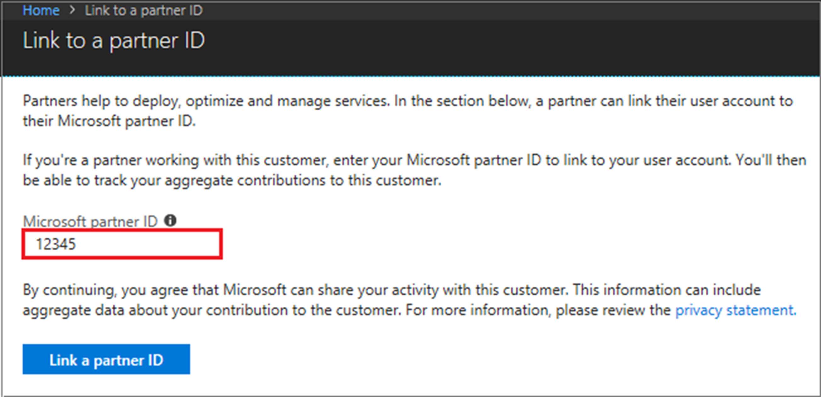 Screenshot that shows link to a partner ID page.