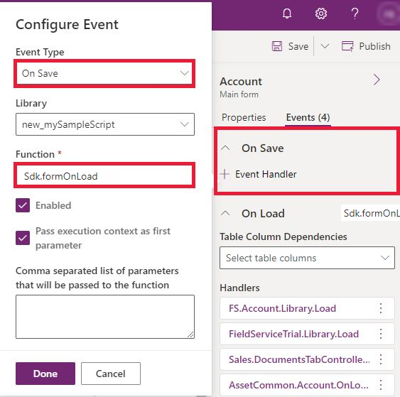 Configure Form on save event handlers.