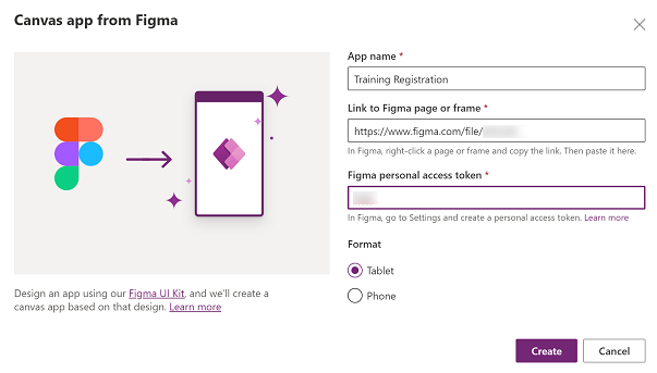Create app dialog box with app name, Figma URL and personal access token created.