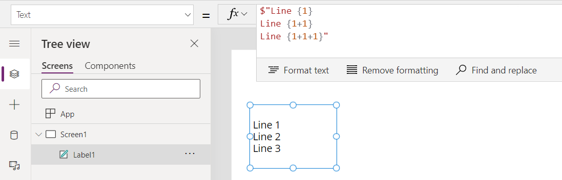 String interpolation formula and label control showing three lines with Line 1, Line 2, and Line 3.