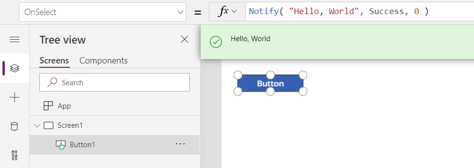 In the authoring environment, showing Button.OnSelect calling Notify and displaying the resulting Hello, World message as a green banner message for the user.