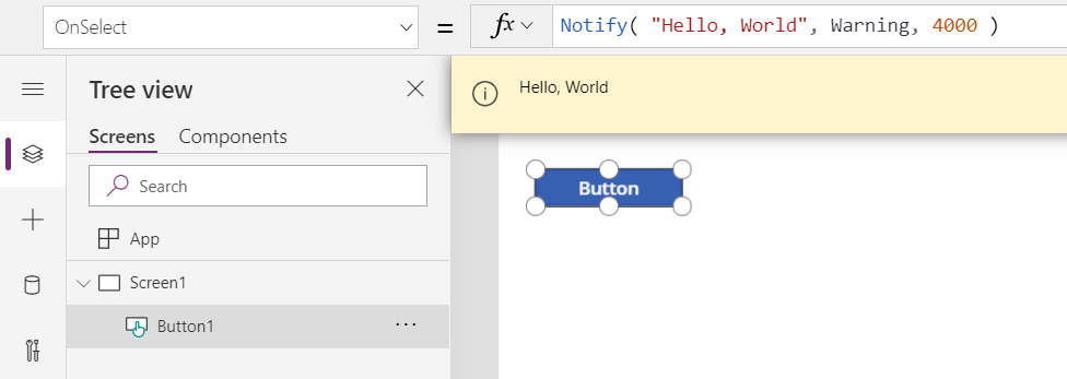 In the authoring environment, showing Button.OnSelect calling Notify and displaying the resulting Hello, World message as an orange banner message for the user.