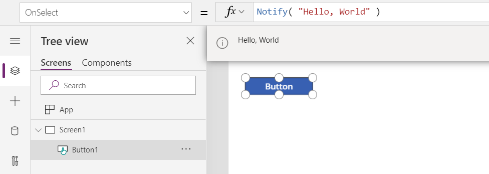 In the authoring environment, showing Button.OnSelect calling Notify and displaying the resulting Hello, World message as a blue banner message for the user.