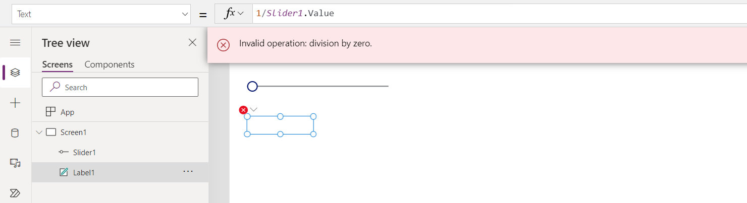 Slider control moved to 0, resulting in a division by zero error, and an error banner.