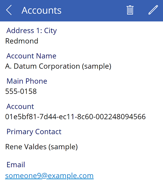 Sample link with A. Datum Corporation (Sample) details open.