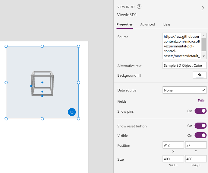 A 3D content control displayed next to the properties tab in Power Apps Studio.