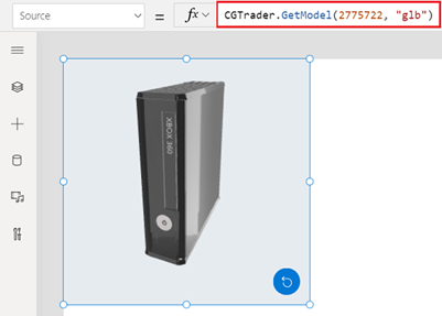 A screenshot of a 3D object control under construction in Microsoft Power Apps Studio, shown with its Source property set to a CGTrader model.