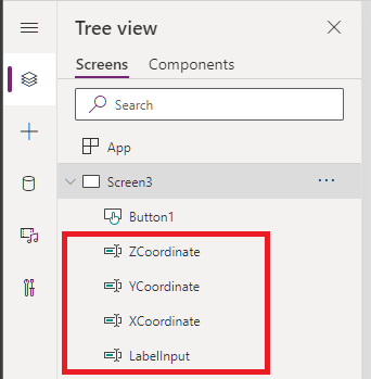 A screenshot of the Power Apps Studio tree view that shows four renamed text input controls.