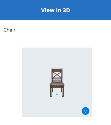 A screenshot of a mobile app showing a 3D model of a chair, with four blue circles marking the locations of pins.