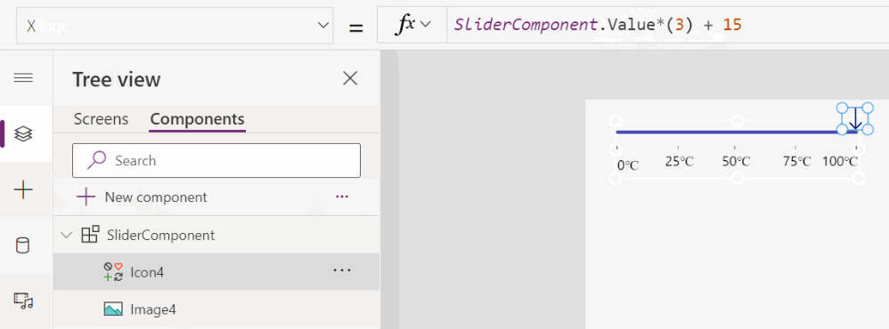 Slider component using an input property named value.