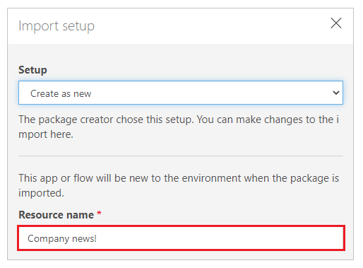 Select import action - resource name.