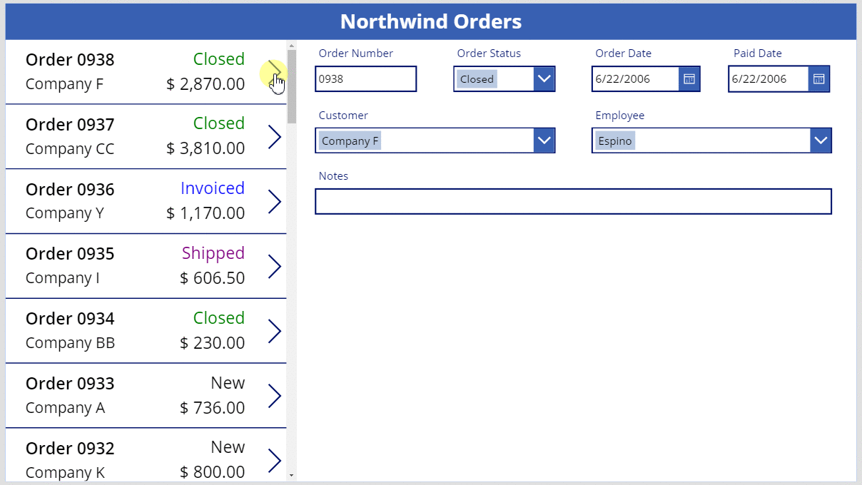 Select an order in the list to show its overview in the form.