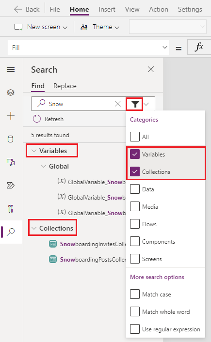 Filter option selected on the Search pane.