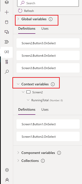 Selecting a global or context variable takes you to the information screen.