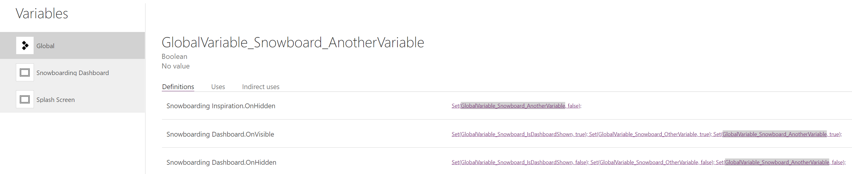 Selecting a global variable takes you to the backstage of the selected global variables.