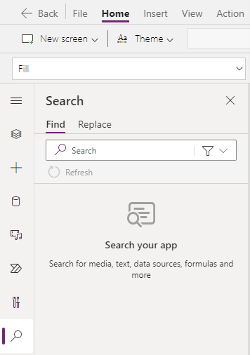The Search pane visible inside Power Apps Studio.