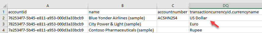 Sample export file from an Account table showing currency name as a natural key.