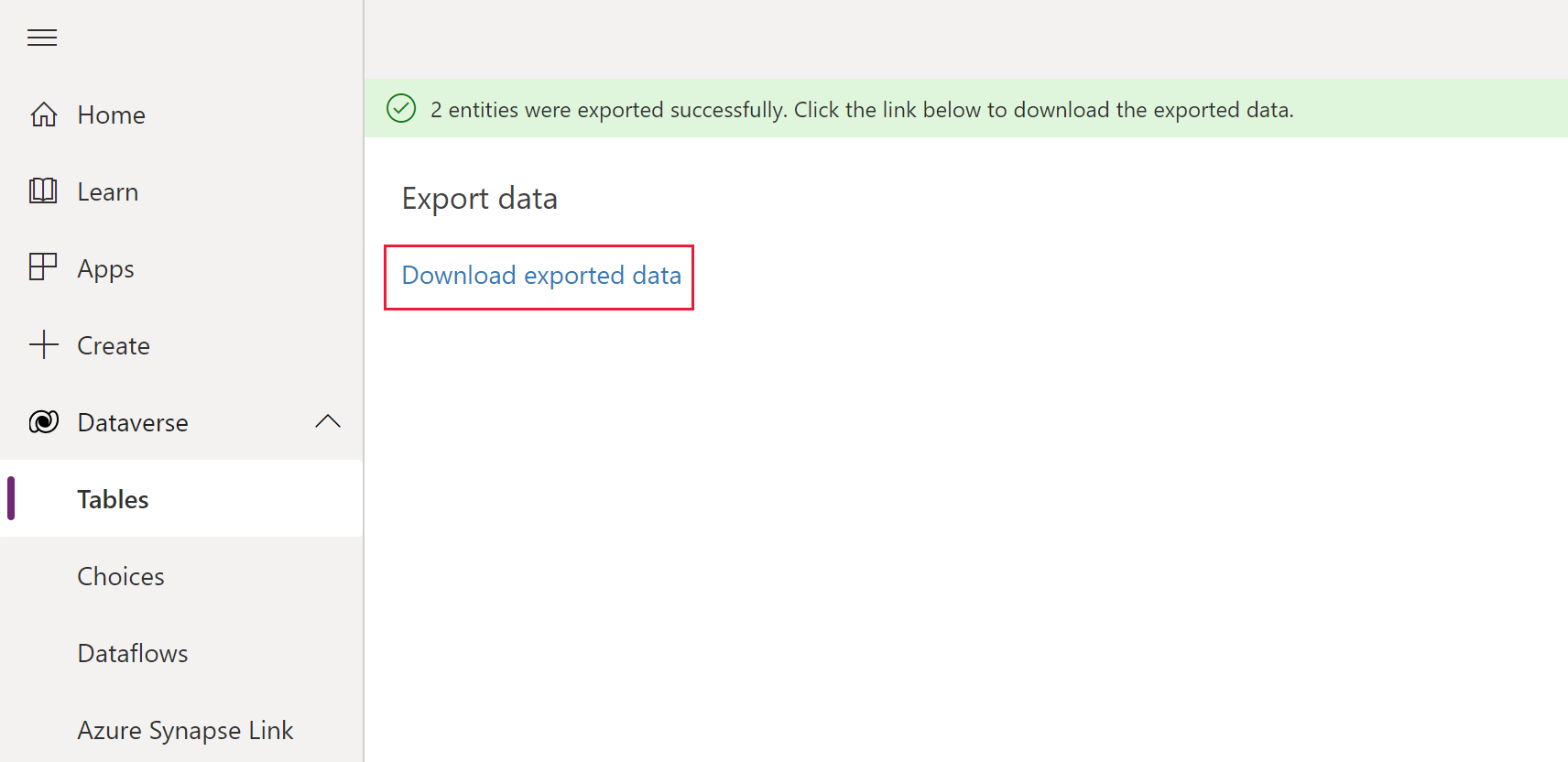 Sample export that shows successful export with link downloadable file.