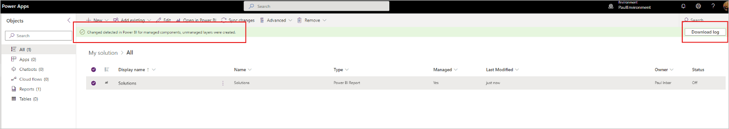 Screenshot of banner notifying you if changes were detected and an unmanaged layer created.