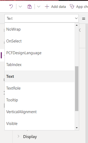Power Apps Studio custom page text option on a control.