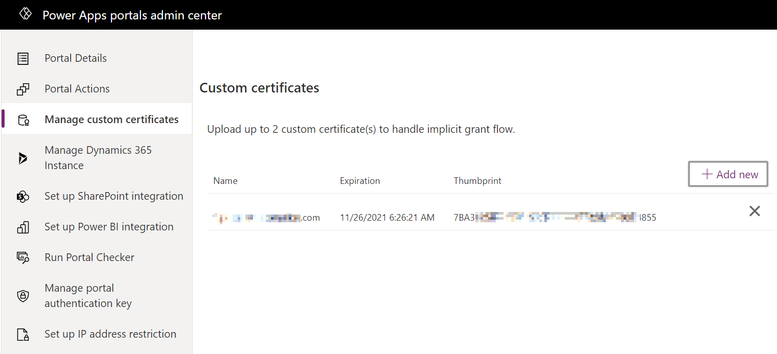 Manage custom certificates tab in the Power Apps portals admin center.