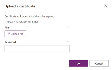 Upload a Certificate window with Upload file button and password box.