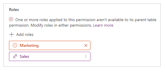 Parent table permission missing one or more web roles associated to child table permission.