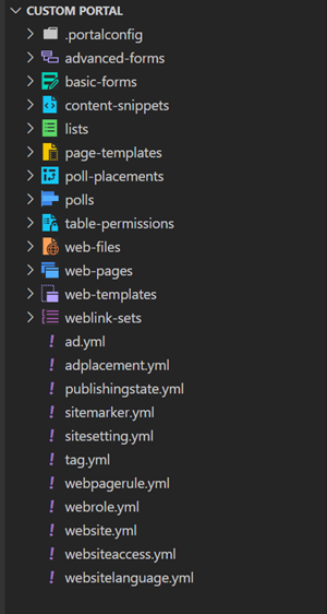 List of files in a starter portal with portals-specific file icon theme.