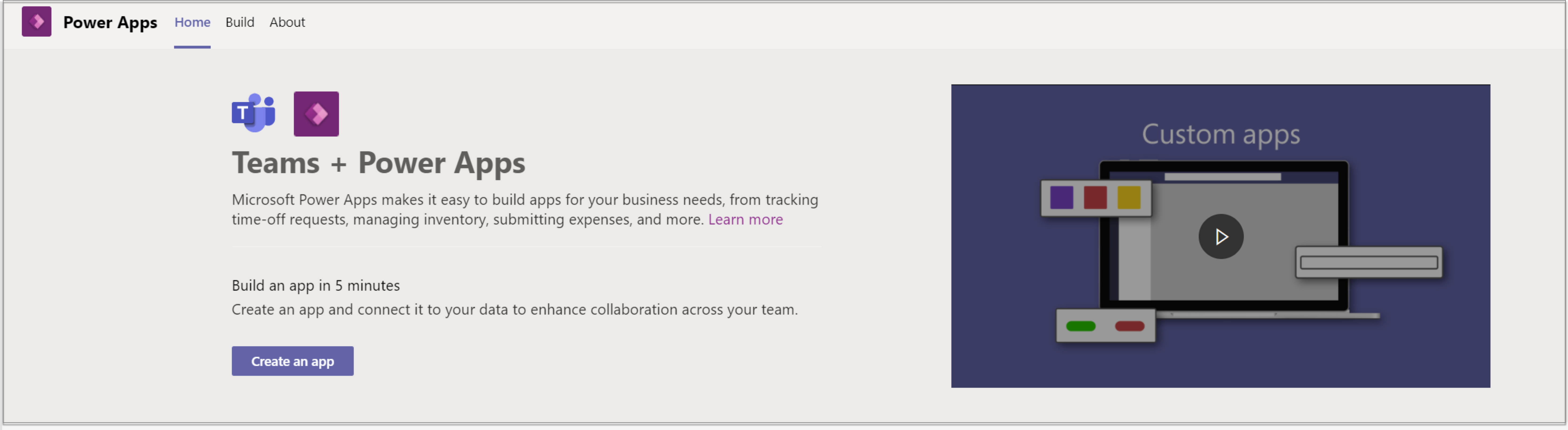 The main screen for Power Apps app in Teams.