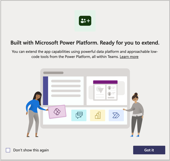 Screen displaying a message that reads "Built with Microsoft Power Platform. Ready for you to extend.".